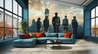 People standing in city skyline double exposure created with Generative AI Wall mural