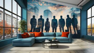 People standing in city skyline double exposure created with Generative AI Wall mural