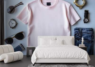 Realistic white Tshirt Flat Lay Mockup created with Generative AI Wall mural