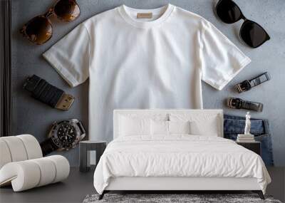 Realistic white Tshirt Flat Lay Mockup created with Generative AI Wall mural