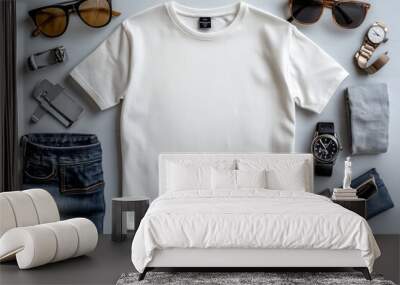 Realistic white Tshirt Flat Lay Mockup created with Generative AI Wall mural