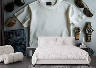 Realistic white Tshirt Flat Lay Mockup created with Generative AI Wall mural