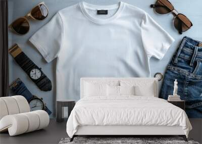 Realistic white Tshirt Flat Lay Mockup created with Generative AI Wall mural