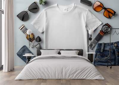 Realistic white Tshirt Flat Lay Mockup created with Generative AI Wall mural