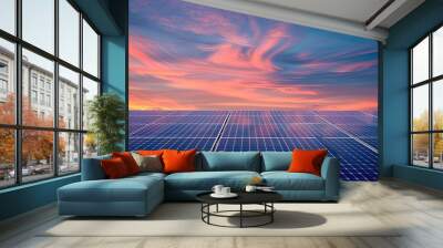 Solar Panels on Sunset Background created with Generative AI Wall mural