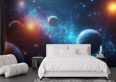 Space cosmic illustration with planets scene created with Generative AI Wall mural