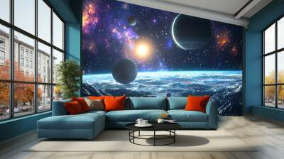 Space cosmic illustration with planets scene created with Generative AI Wall mural