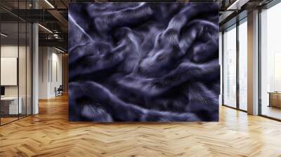 Texture of fur and wool in macro close-up. Detailed clear fibers of factory material. Particles of fabric and textiles, shimmer of light and shine. Volumetric wavy surface with reliefs in blue tones. Wall mural