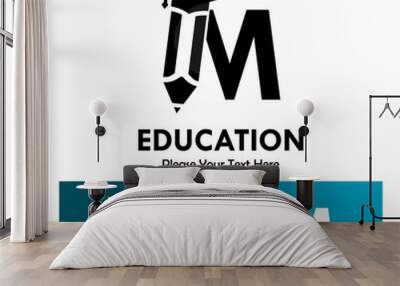 Letter m with pencil and hat graduation logo template illustration. suiatble for education. you can change the color. recommended colors according to the below Wall mural