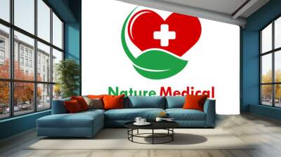 nature medical design logo template illustration. there are leaf, love with cross medical Wall mural