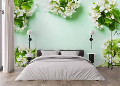 Apple flowers flat lay, summer and spring time creative pastel concept Wall mural