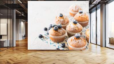 Blueberries muffins or cupcakes on white texture Wall mural