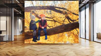 little boy and girl sitting on a branch of tree in autumn forest Wall mural