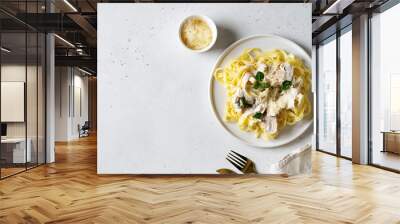 Pasta mushrooms with chicken, parmesa and basil Wall mural