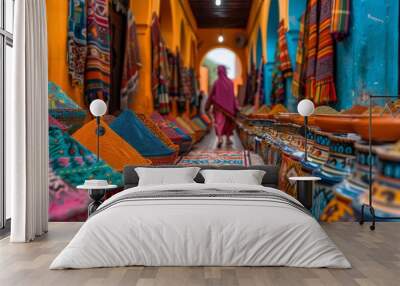  a colorful street market in the ancient city of Fez, Morocco, featuring a kaleidoscope of spices, textiles, and ceramics Wall mural