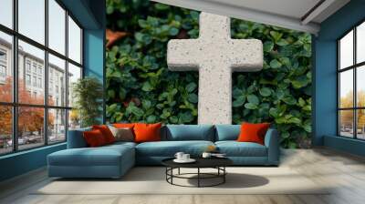  Ancient cross entwined with ivy and olive branches, symbolizing peace, growth, and spiritual awakening across faiths. Wall mural