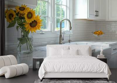  Beautiful white kitchen with marble countertop and sunflower in a vase on the counter, bright sunny day, white cabinets, window over the sink Wall mural