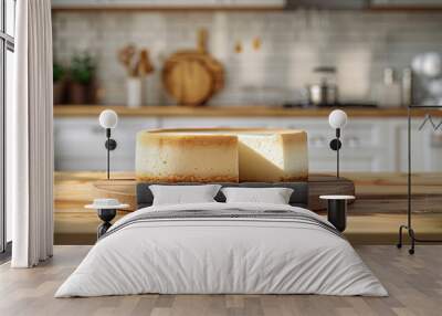  cheese cake on a wooden table in front of a blurred kitchen background.  Wall mural