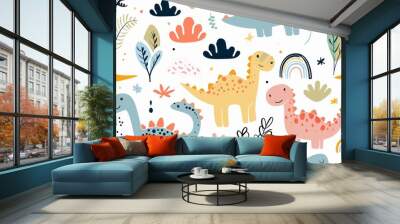 A cute kawaii design with dinosaurs, clouds, flowers, trees, rainbows and dinosaur patterns. Minimalistic illustration style similar to Crayon doodle drawing artwork Wall mural