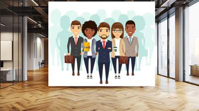 A group of businessmen of different ethnic groups in a business suit behind the leader. Professionals in their field. In flat style on white background. Wall mural