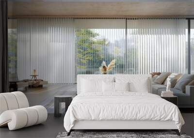 A modern living room with floor-to-ceiling windows covered by sleek white vertical blinds Wall mural