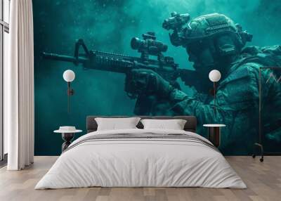 A special forces soldier dressed in camouflage and tactical equipment, wearing a helmet and night vision goggles, holds a machine gun in his hands, stands ready Wall mural