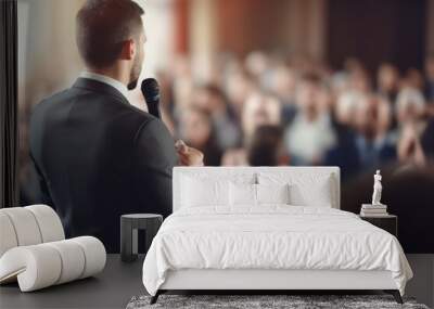 Back view of Man in business suit giving a speech on the stage in front of the audience Wall mural