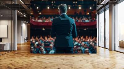 Back view of Man in business suit giving a speech on the stage in front of the audience Wall mural