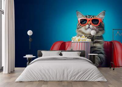 Banner with Cat watching 3D movie with popcorn sitting in red armchair Wall mural