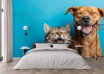 Banner with pets. Dog and cat smiling with happy expression and closed eyes. Isolated on blue colored background Wall mural