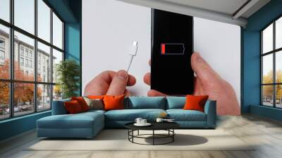 Holds charging cable and smartphone showing low battery Wall mural