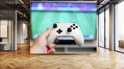 Plays football on TV, holding white gamepad Wall mural