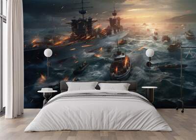 A military photorealistic image of a naval battle, two warships exchanging fire in the open sea, waves crashing against the hulls, dark clouds on the horizon, highlighting the chaos and destruction of Wall mural