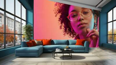 Stylish Young Woman with Vibrant Background Exuding Confidence Wall mural