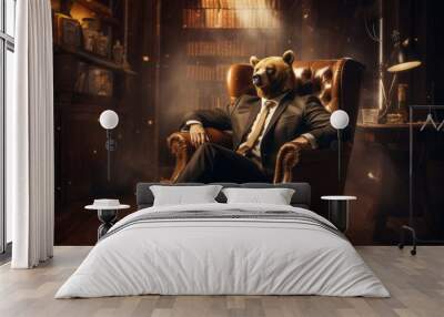 Bear like a human in suit sitting on the armchair. Trading stock market concept Wall mural