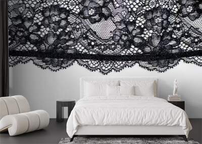 Black lace texture with flowers on a white background.Background of black lace with a flower pattern on a white background. Black guipure. Black fabric with an ornament.  Wall mural