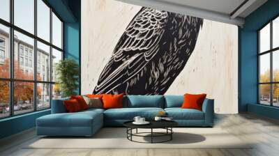 Black raven, engraving, black and white drawing Wall mural