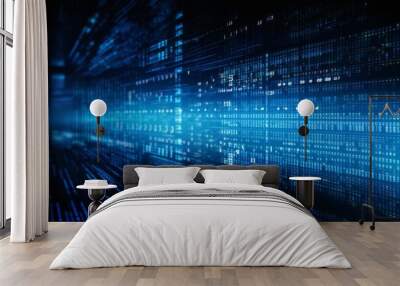 Blue digital binary data on computer screen background Wall mural