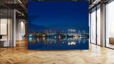 Beautiful view of the night city. Right bank of the Dnieper, lights in the night river. View of beautiful modern buildings. Wall mural