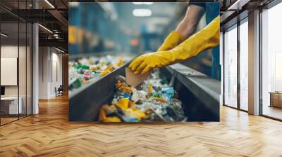 Close-up of a worker hands wearing yellow rubber gloves sorting a garbage in the conveyor belt Wall mural