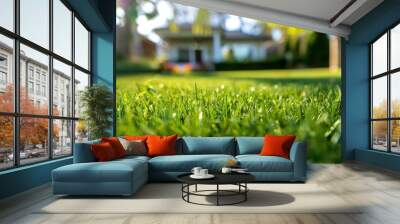 Close up of green grass garden with new modern property house for sale in the blurry background, real estate background. Wall mural