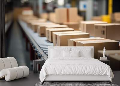 Close-up of multiple cardboard box packages on conveyor belt Wall mural