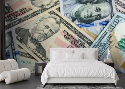 Closeup of dollar banknotes. American cash money background. Wall mural