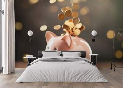 Coins falling into a piggy bank portraying investment Wall mural