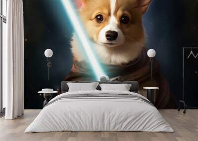 Corgi puppy with light saber, illustration with a dog in a Jedi cloak costume Wall mural