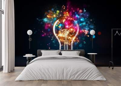 Creative light bulb explodes with colorful paint and colors. New idea, brainstorming concept. Banner Wall mural