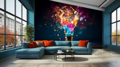 creative light bulb explodes with colorful paint and colors. new idea, brainstorming concept. banner Wall mural