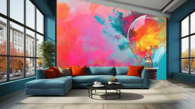 Creative light bulb explodes with colorful paint and colors. New idea, brainstorming concept. Bright banner with splashes Wall mural