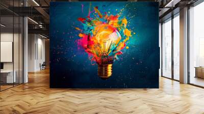 Creative light bulb explodes with colorful paint splashes. Brainstorming concept. Banner Wall mural