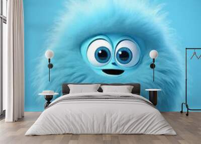 Cute blue furry monster 3D cartoon character Wall mural